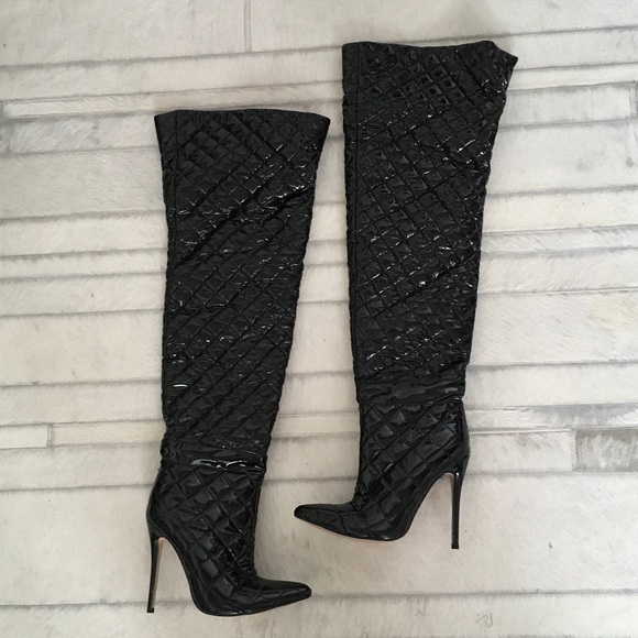PLT Shoes - Black Quilted Over-the-Knee Stilettos Boots pointed toe Size 7